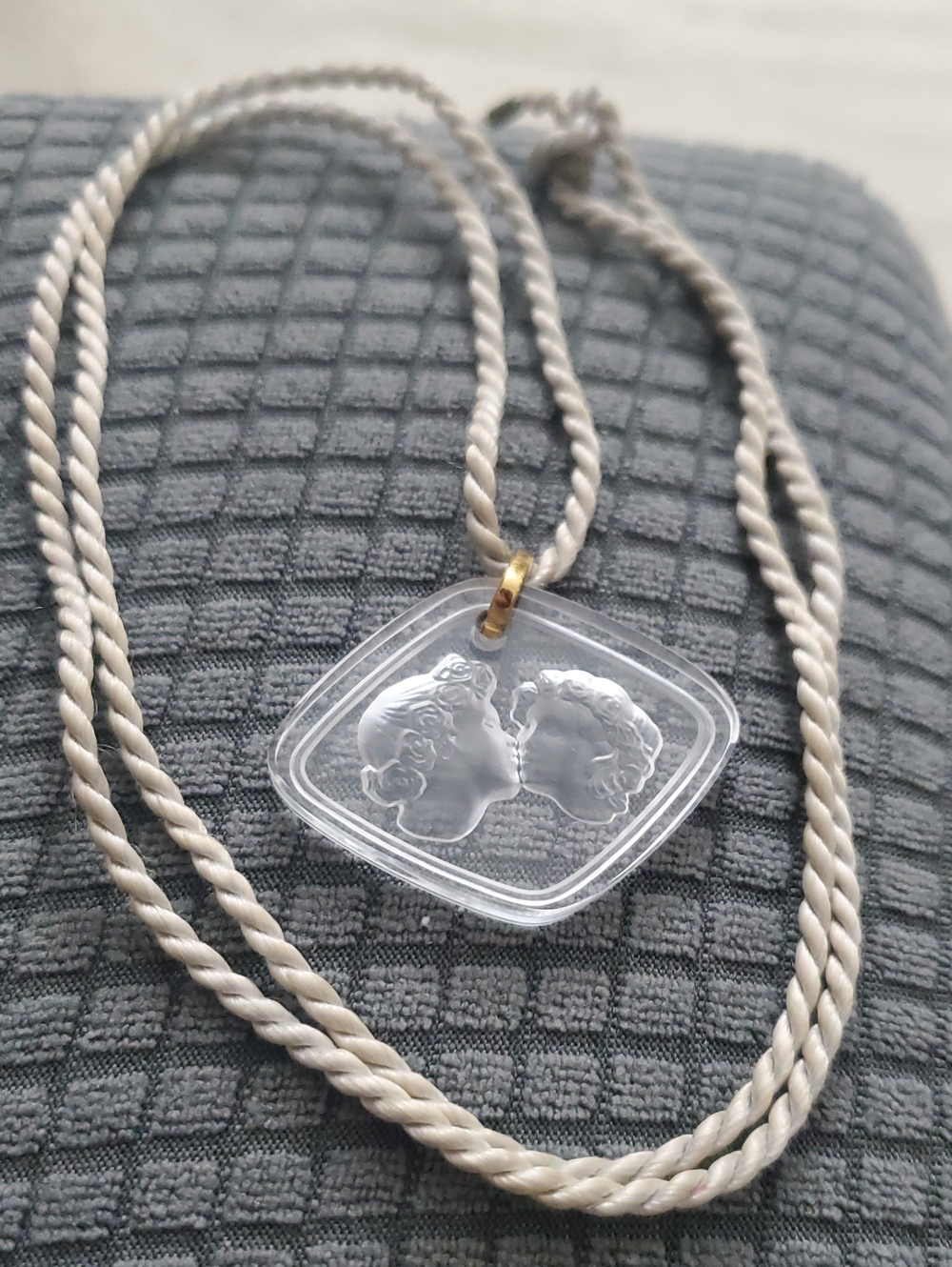 VINTAGE, LALIQUE Clear Cameo Pendant Necklace with 30" Cream Rope Chain